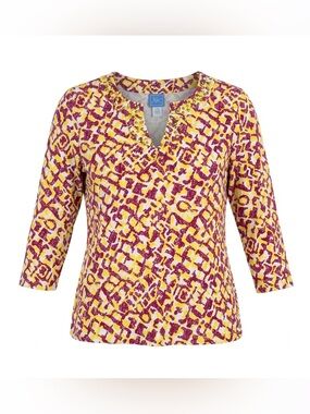 Laura Lane Women's Top XL Pink Yellow Abstract Embellished Neck 3/4 Sleeve Knit